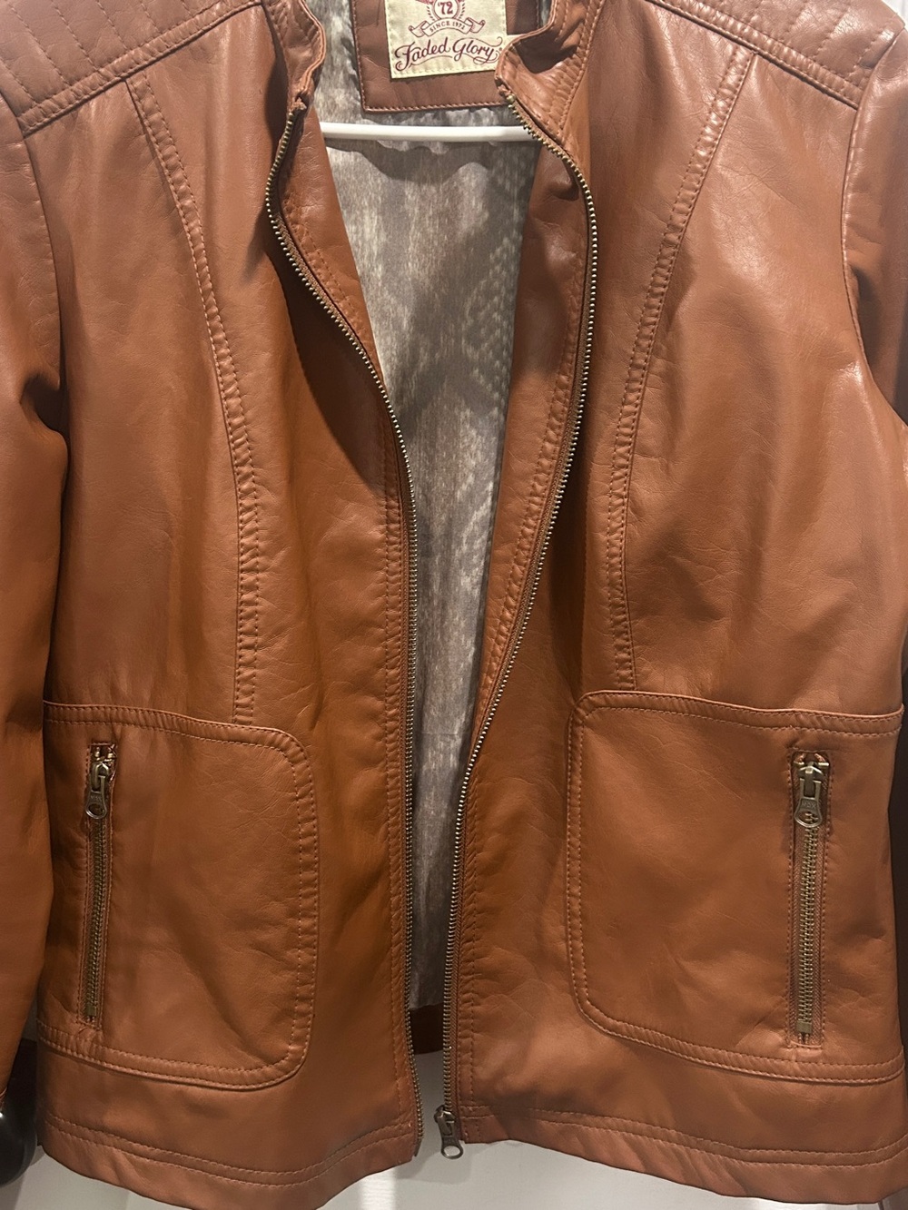 Faded Glory Cognac Faux Leather Zip Jacket